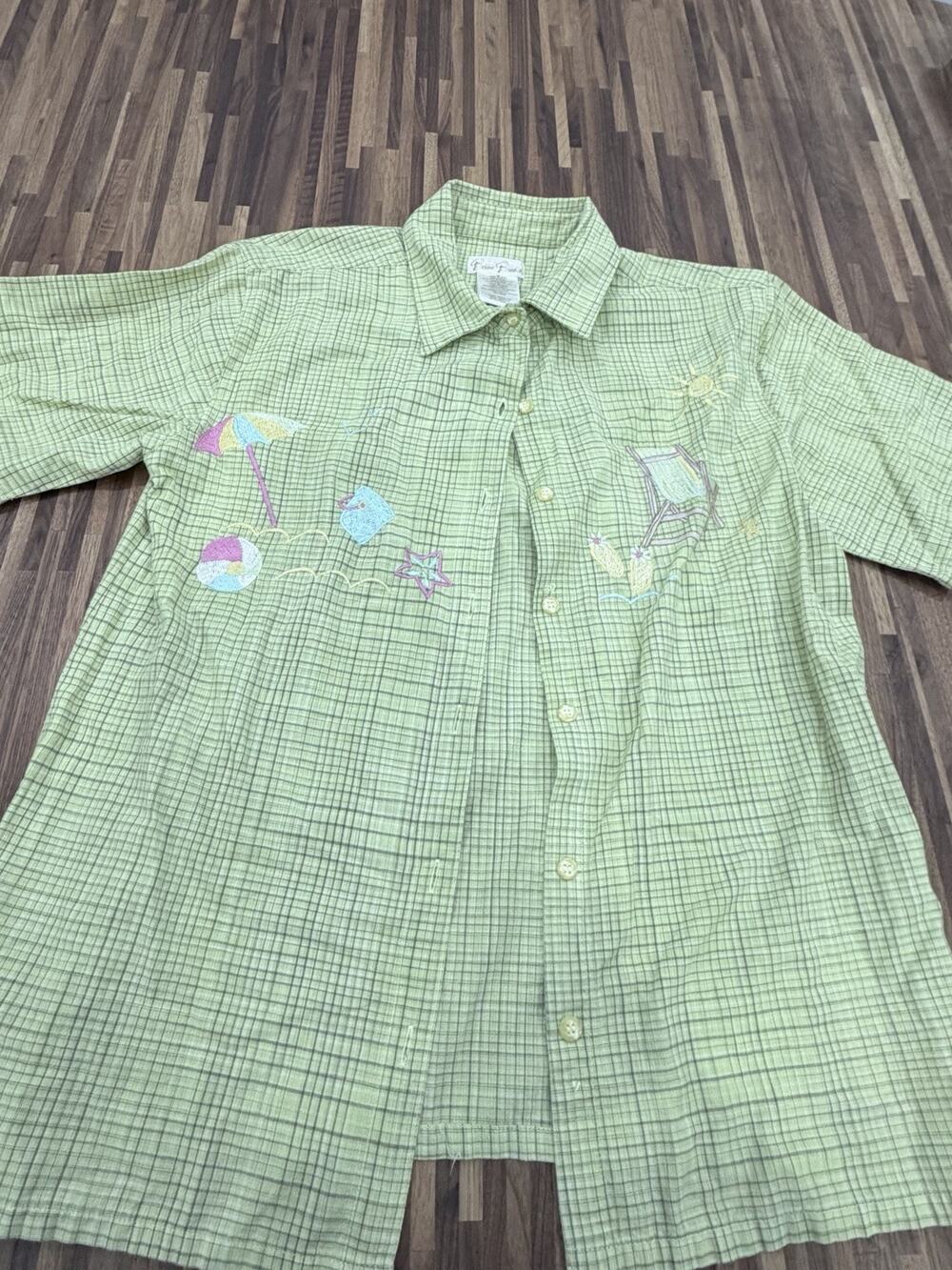 Bobbie Brooks Green Plaid Embroidered Button-Down Short Sleeve Beach Shirt M